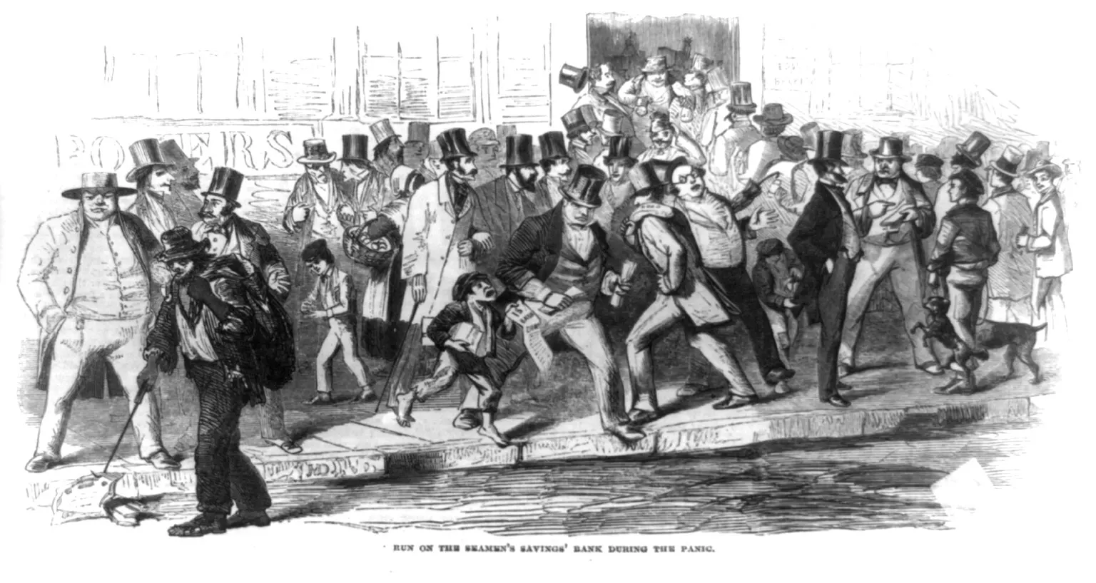 Ruée sur la Seamen’s Savings Bank, New York, panique de 1857. Gravure sur bois · domaine public