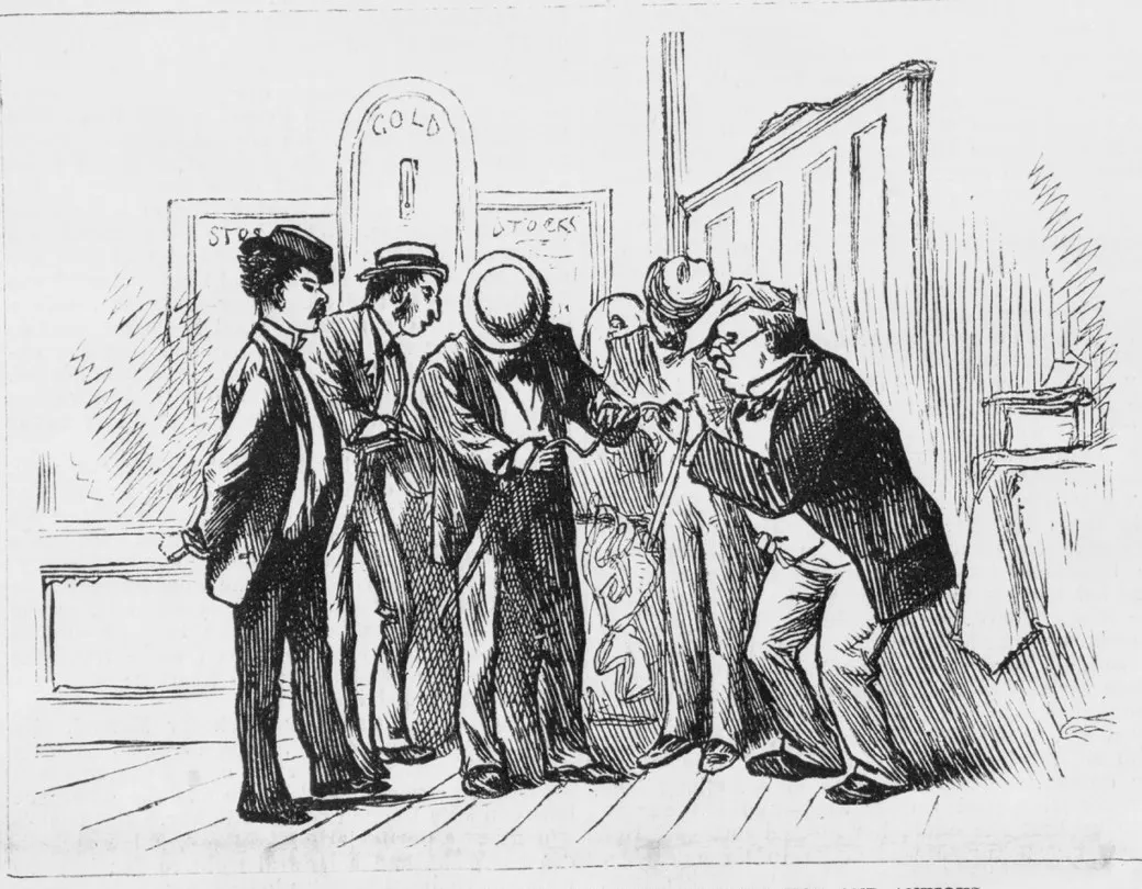 Le téléscripteur au restaurant : « moments chauds et anxieux », Wall Street, 1873. Frank Leslie’s · Library of Congress · domaine public